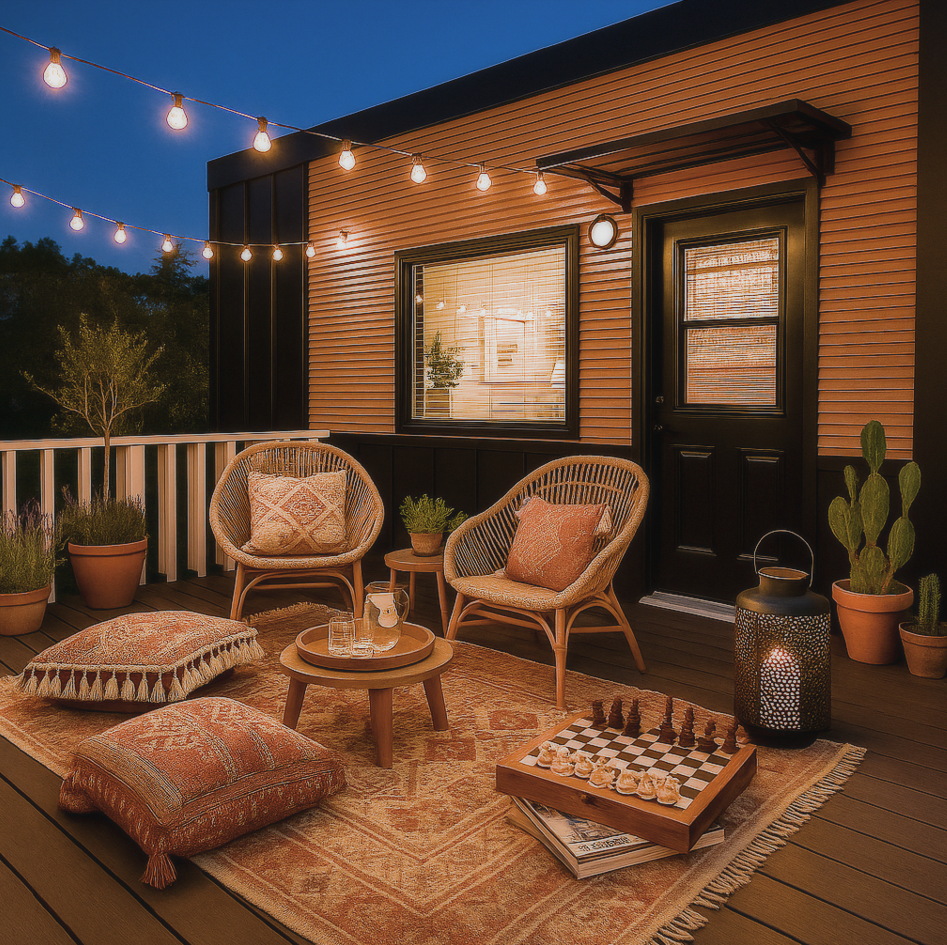 Photo: Rattan chairs, floor cushions, string lights, warm tones.