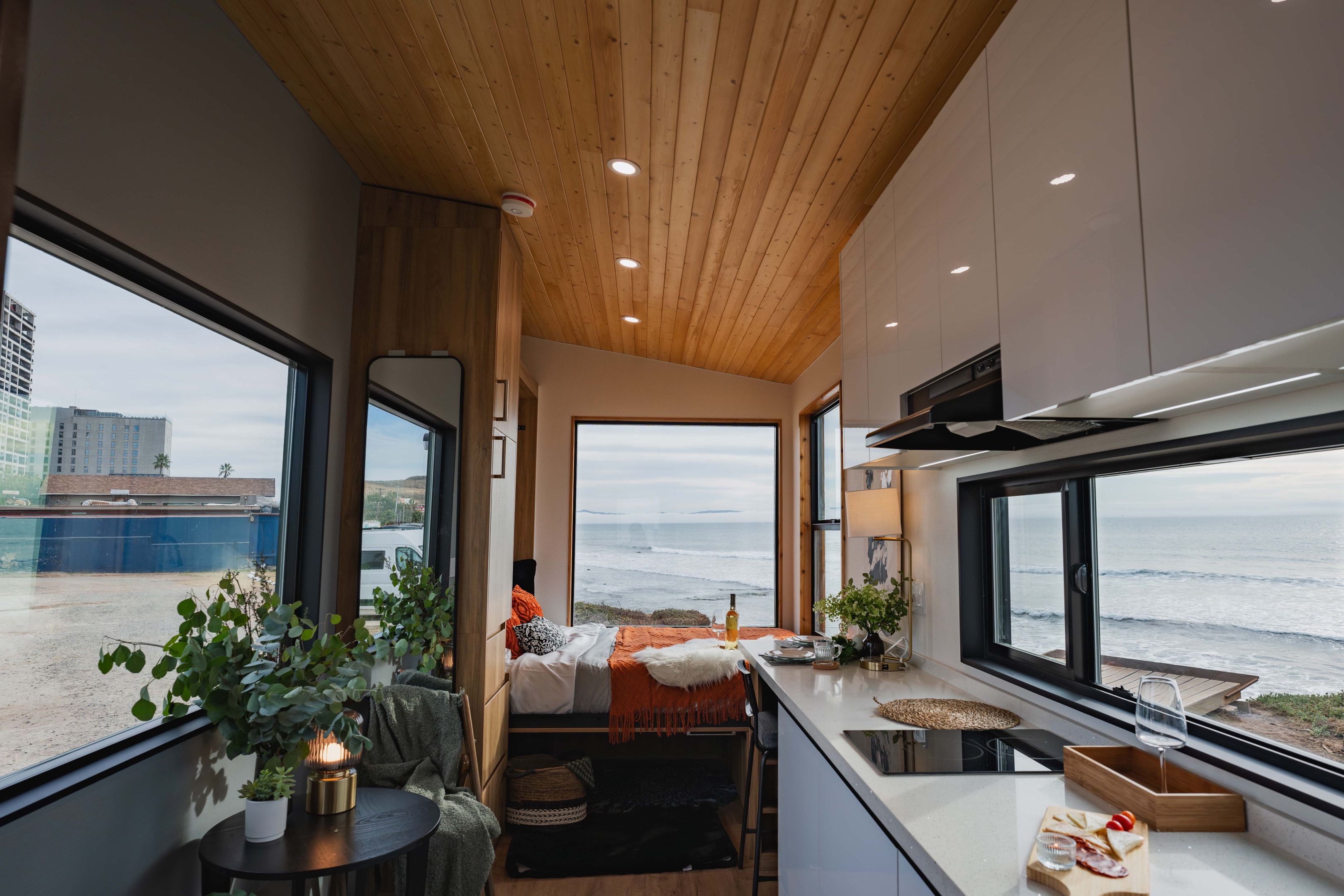 Photo of a modern tiny home with a murphy bed down. 