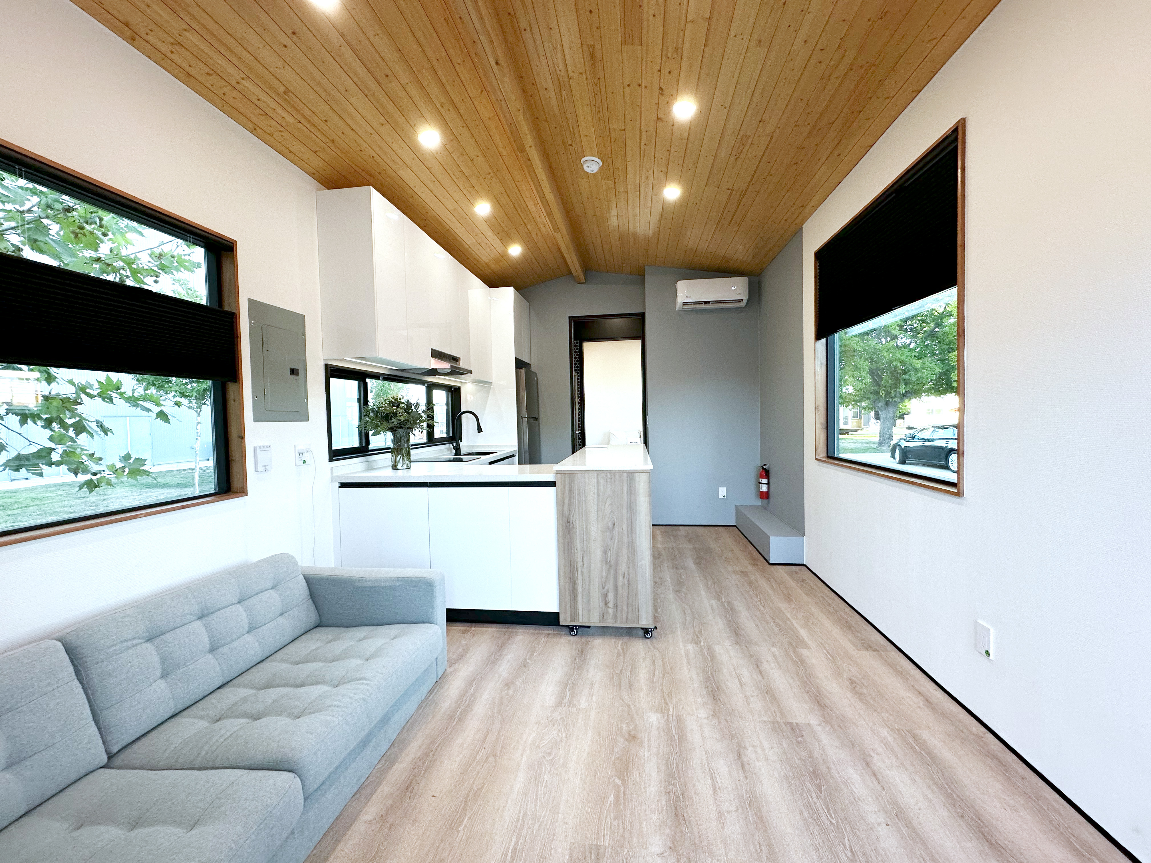Open plan layout of a Clever Tiny Home with modern finishings.