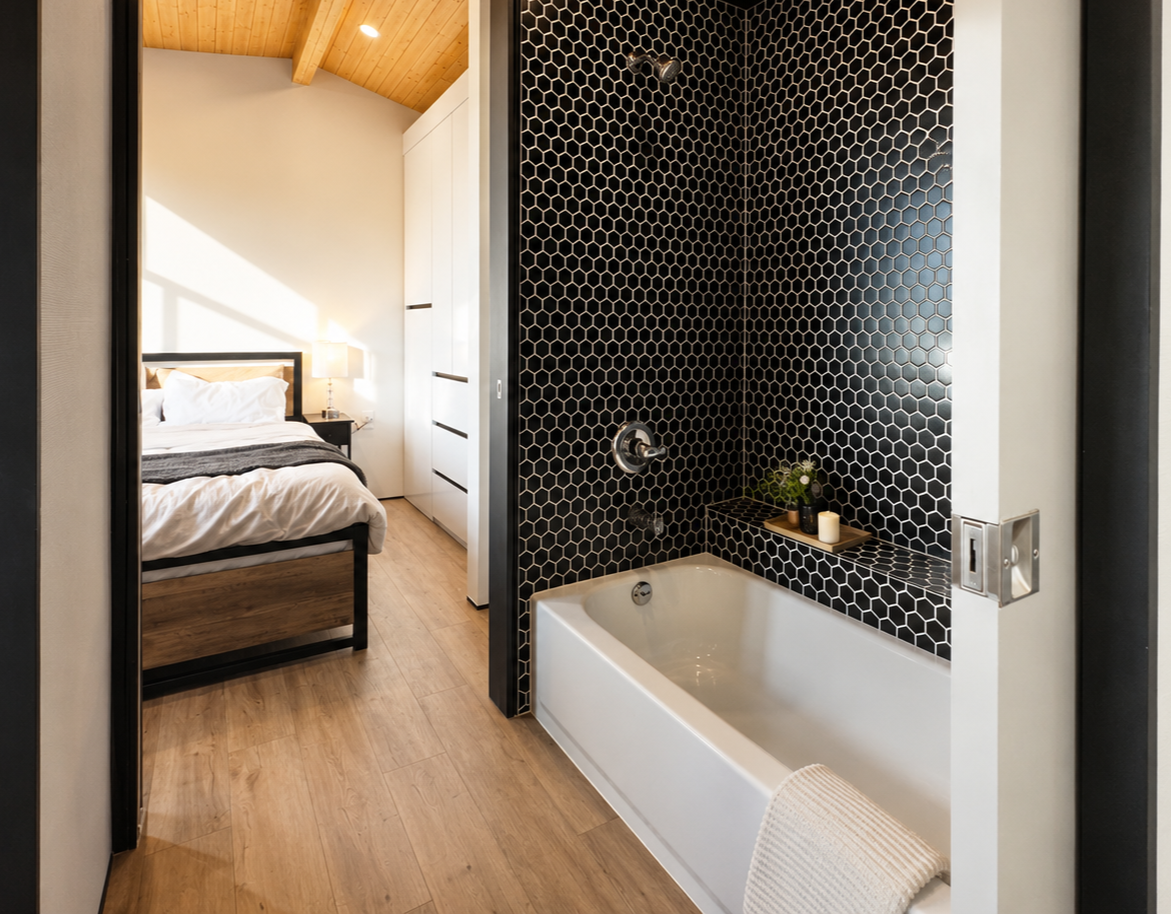A one-bedroom tiny home with Queen sized bed and spa-like bathroom