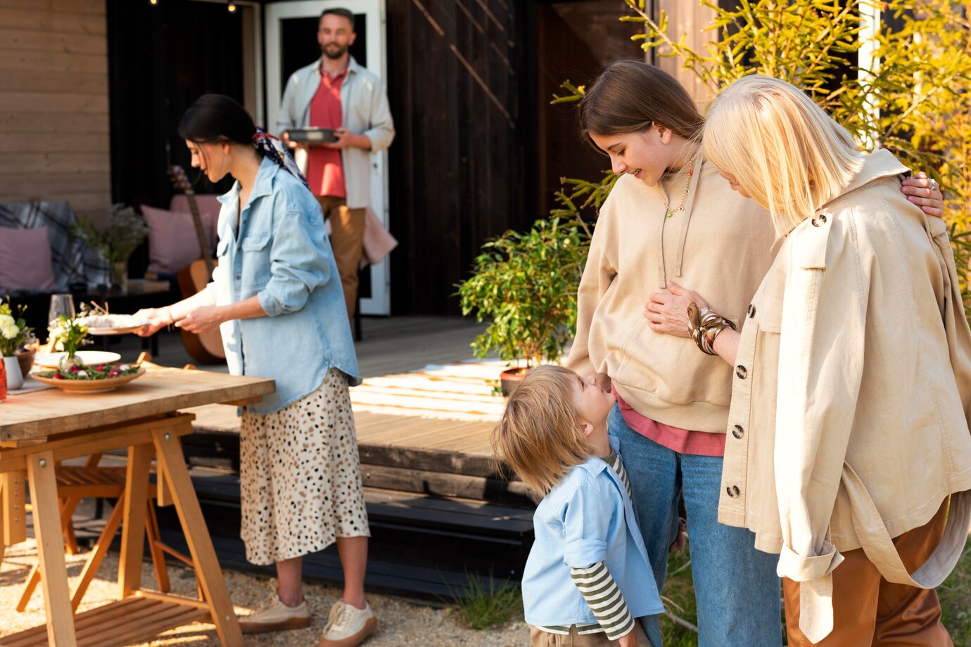 A group of people gathering in a tiny home community.