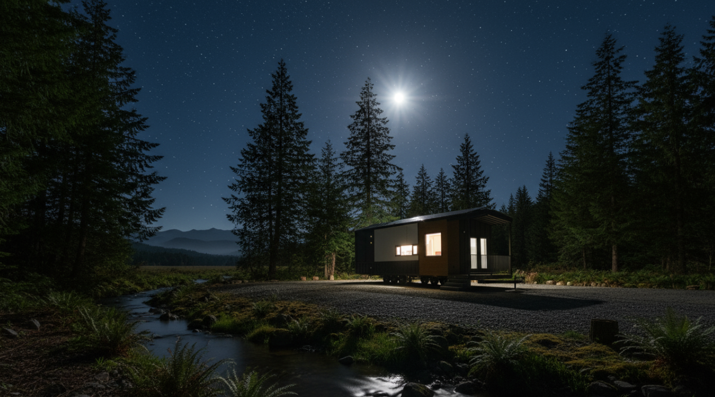 Modern one-bedroom tiny home from Clever Tiny Homes against a picturesque night sky in Oregon