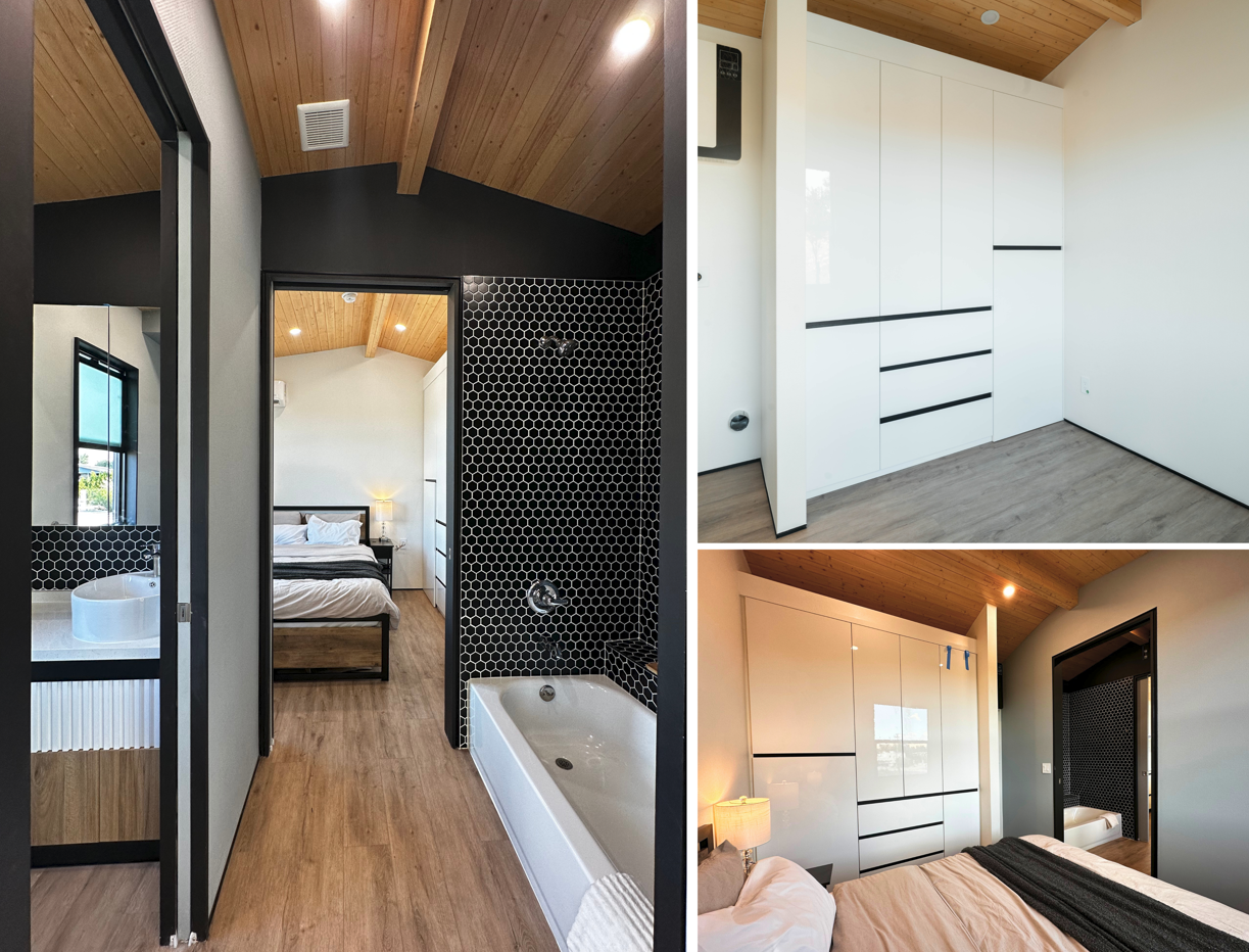 Interior views of the Clever 1 tiny home showing a bedroom with wood ceilings, built-in white storage cabinets, and a bathroom with a soaking tub and black hex tile walls.