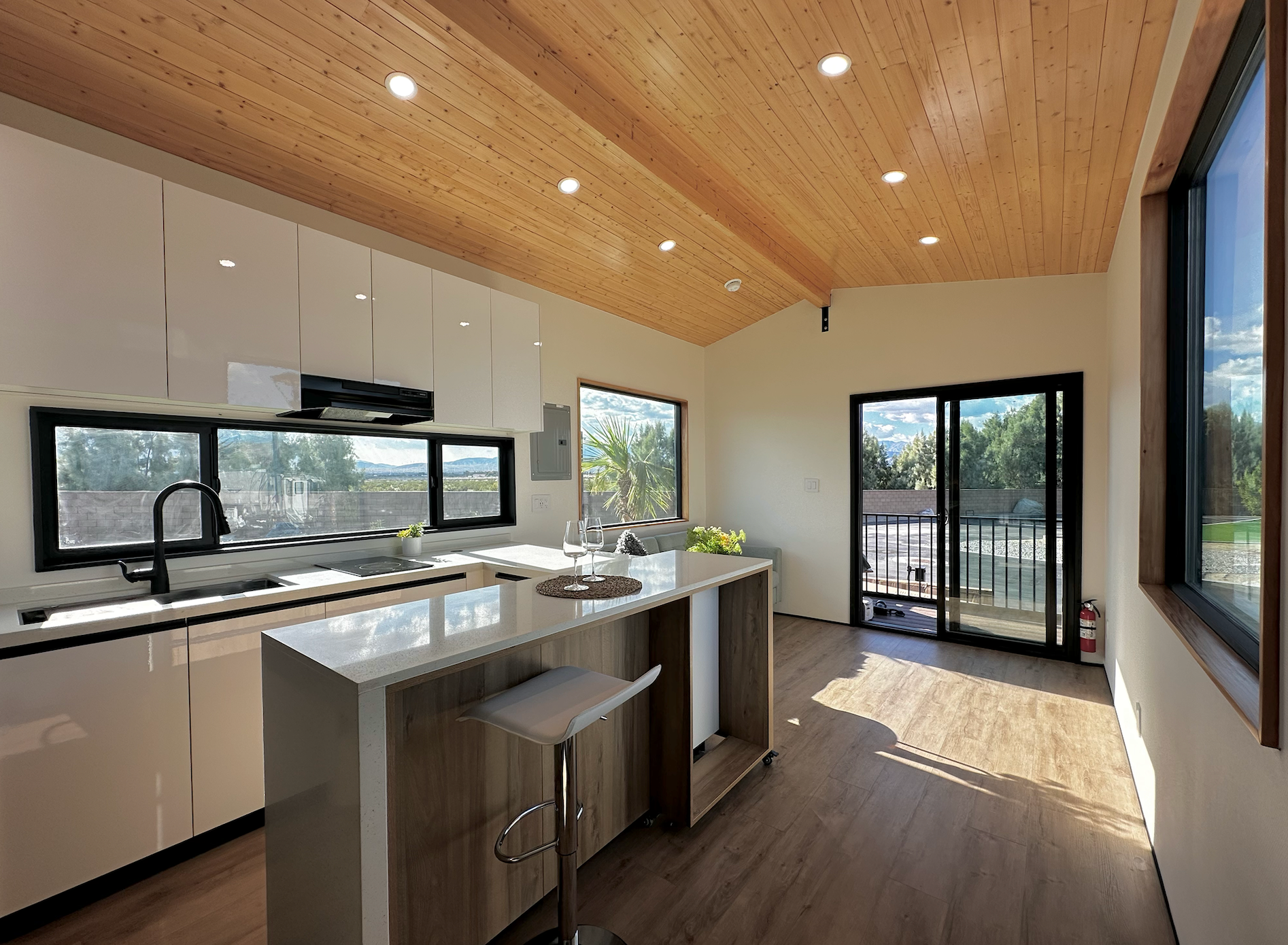 Interior of a modern tiny home with high-quality materials and finishings. 