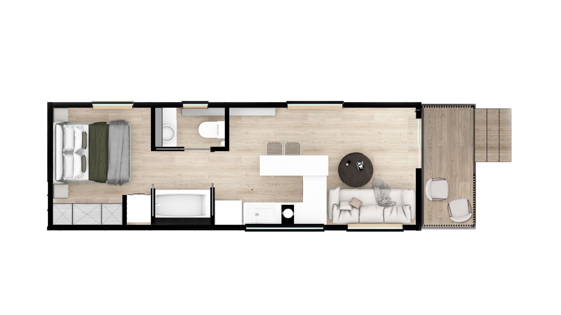 A floor plan of a modern tiny home design.