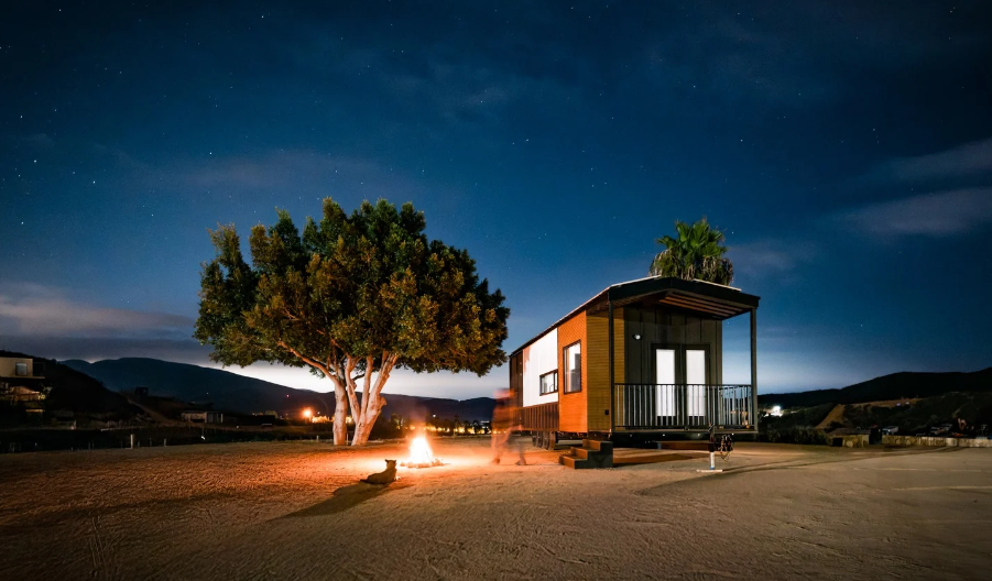 Modern tiny home in California vineyard used as Airbnb rental.