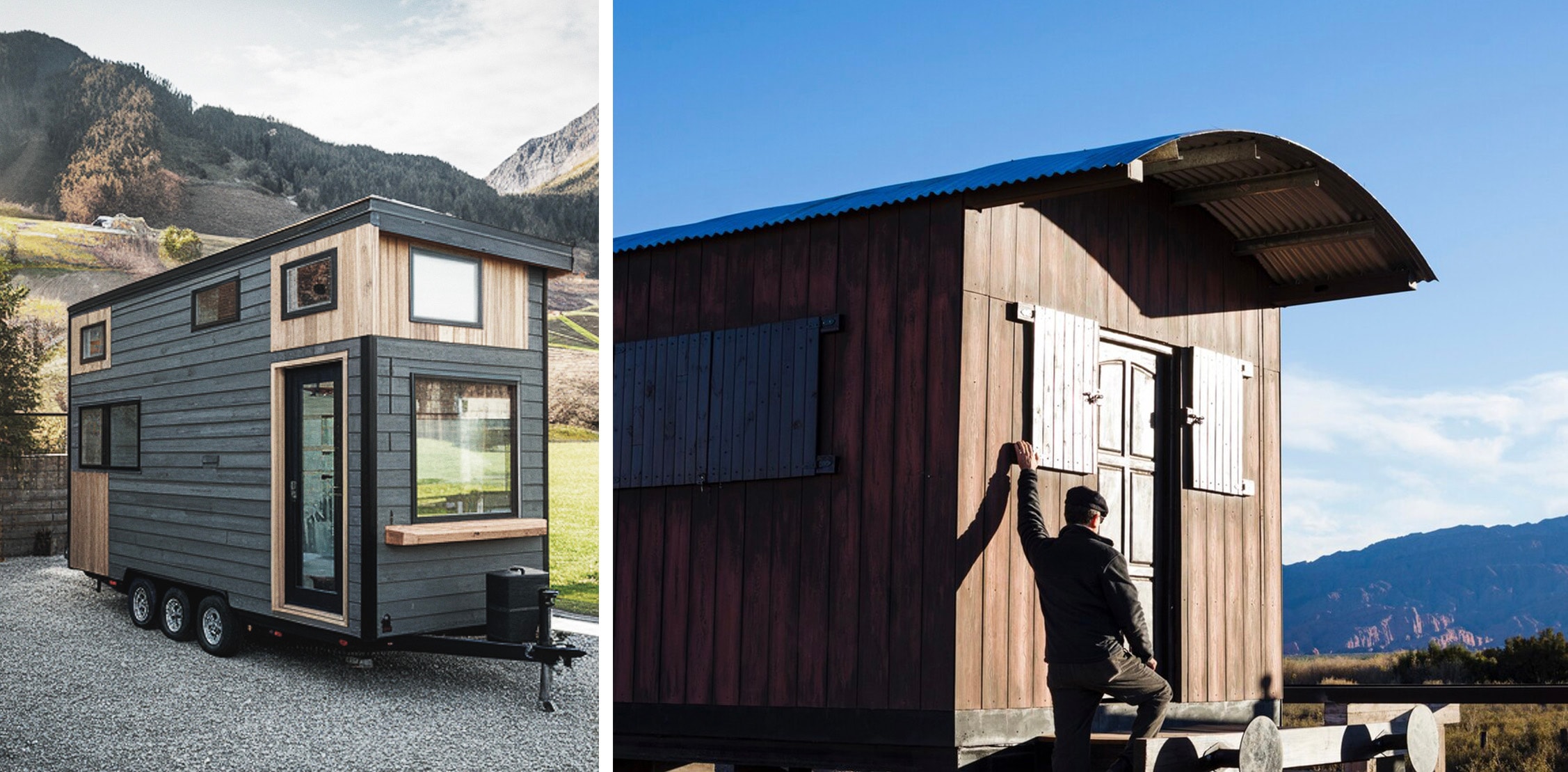 A side-by-side comparison of two tiny home on wheels, both set against scenic backdrops.