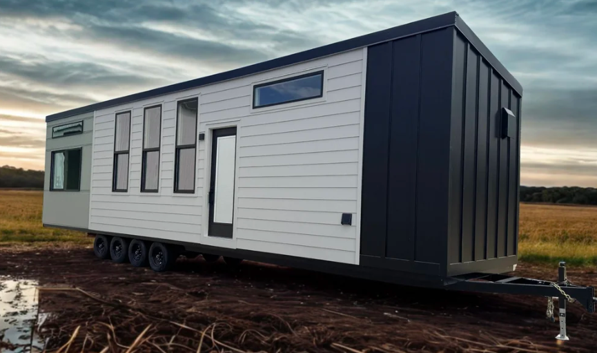 Forever Tiny Homes park model RV with metal roof and modern siding, ready for delivery across California.