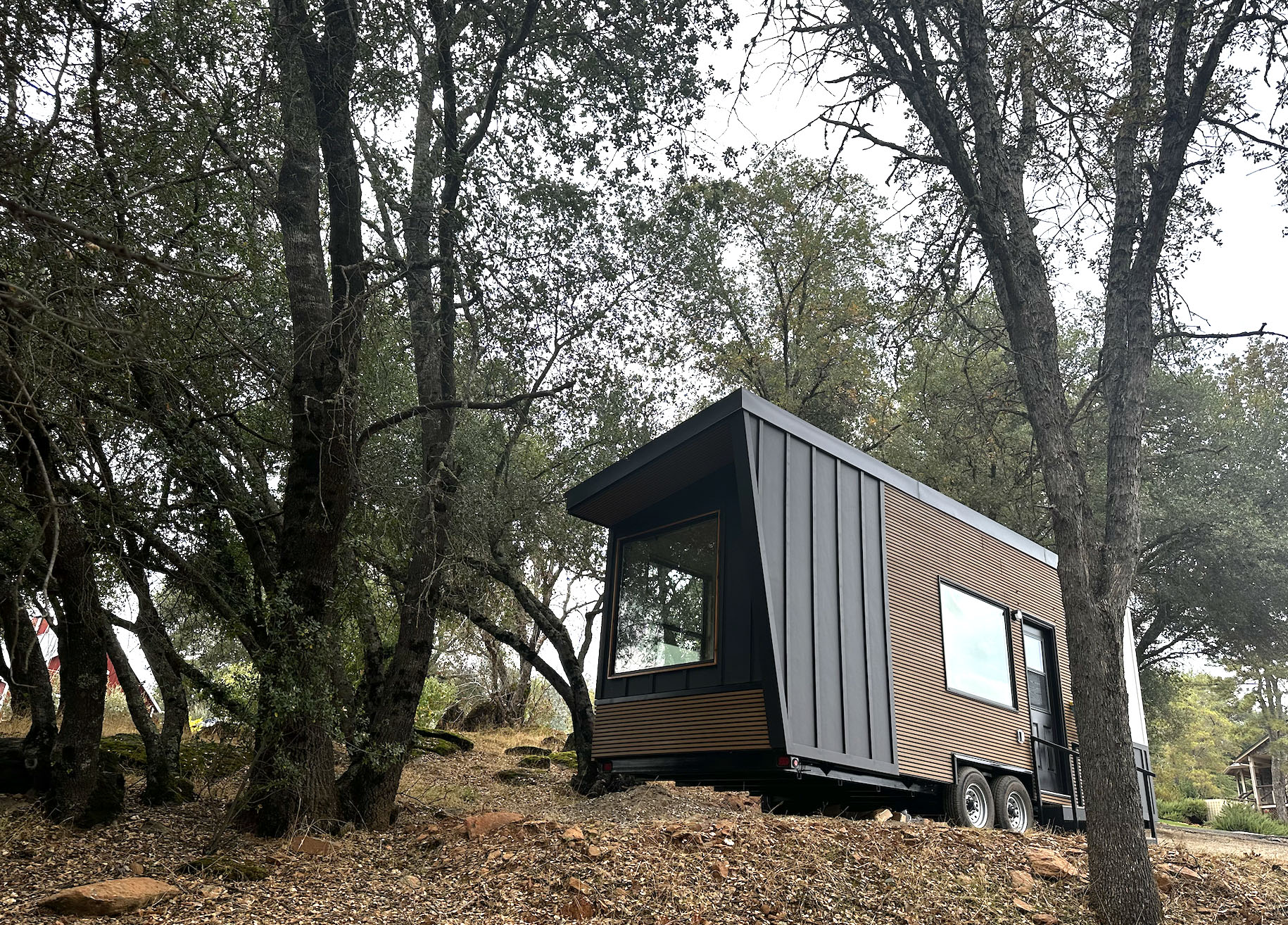 Photo of a tiny home in the middle of the woods.