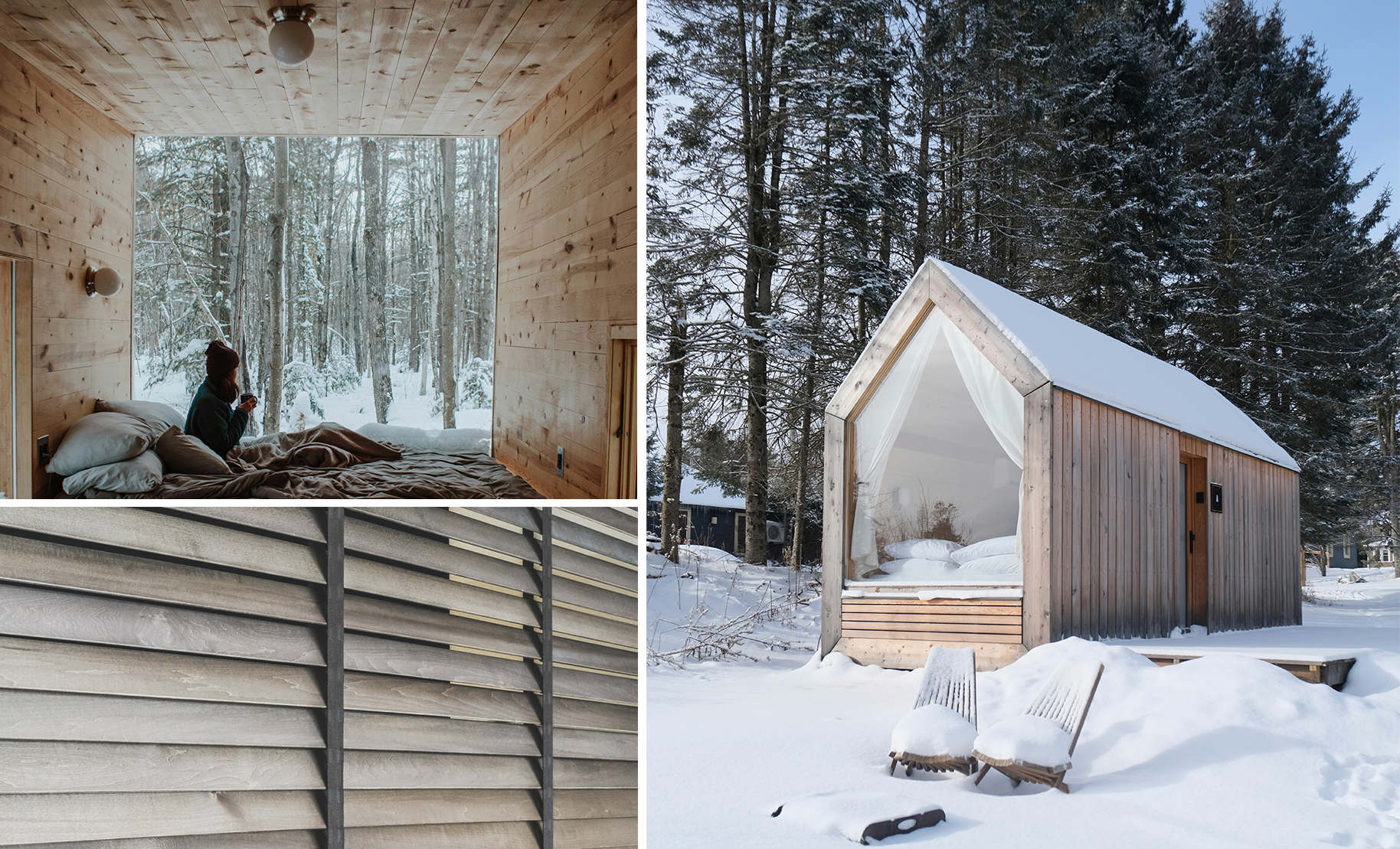 A collage of photos showing Scandinavian cabins and how their design integrates with nature.