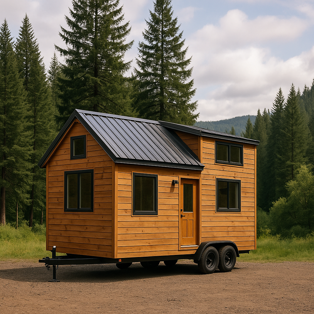 Photo of a traditional tiny house on wheels against the Oregon backdrop