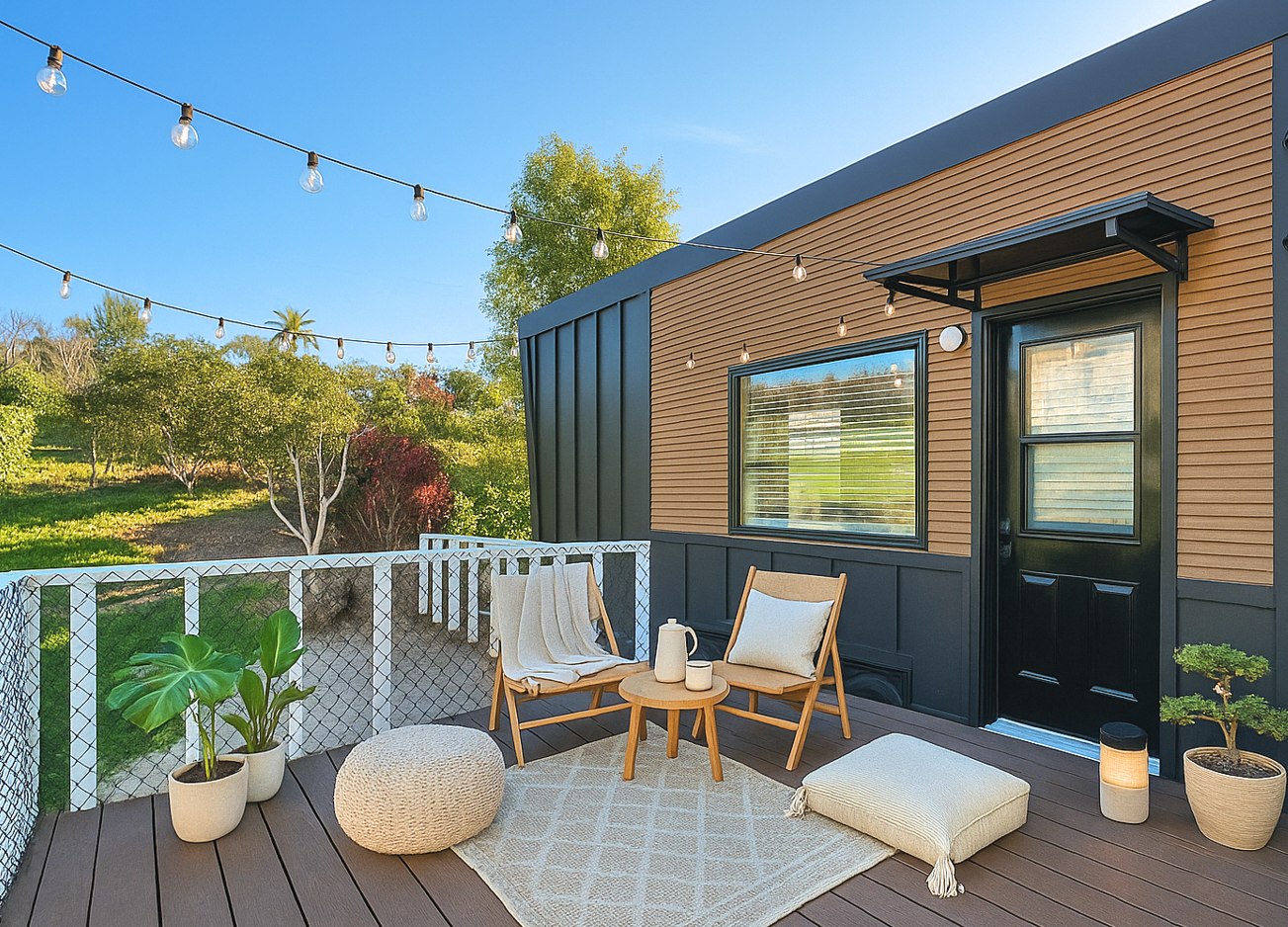 Photo: Light chairs, neutral rug, minimal styling with plants.