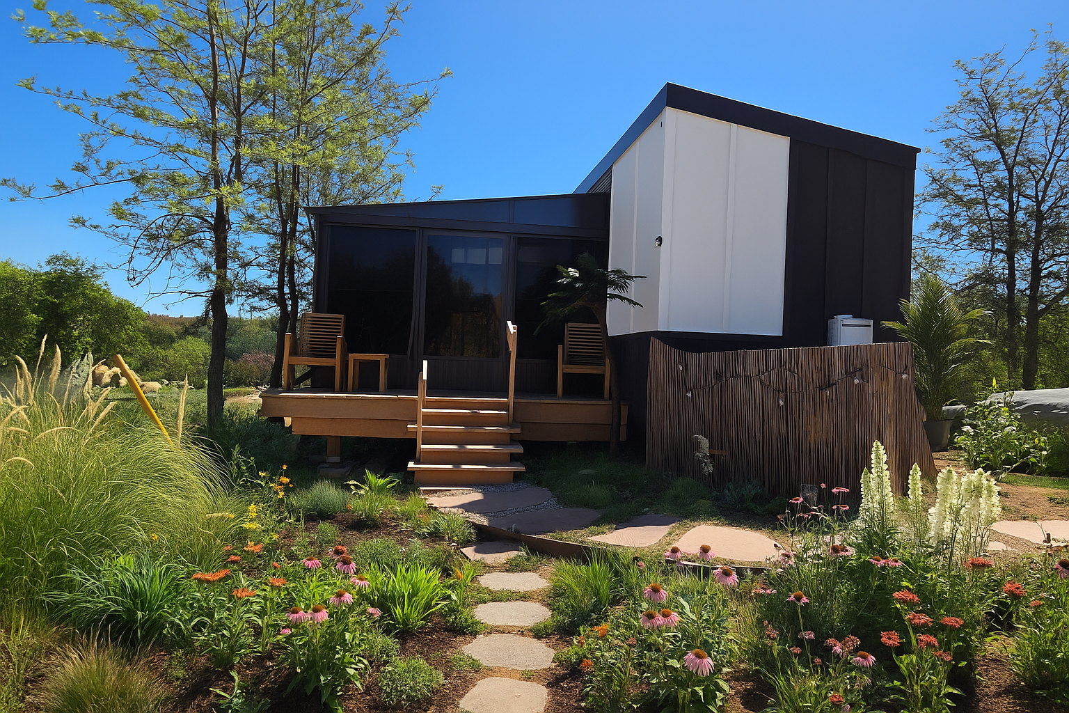 Studio tiny home with an extended deck built out to function like a sunroom / indoor-outdoor living zone.