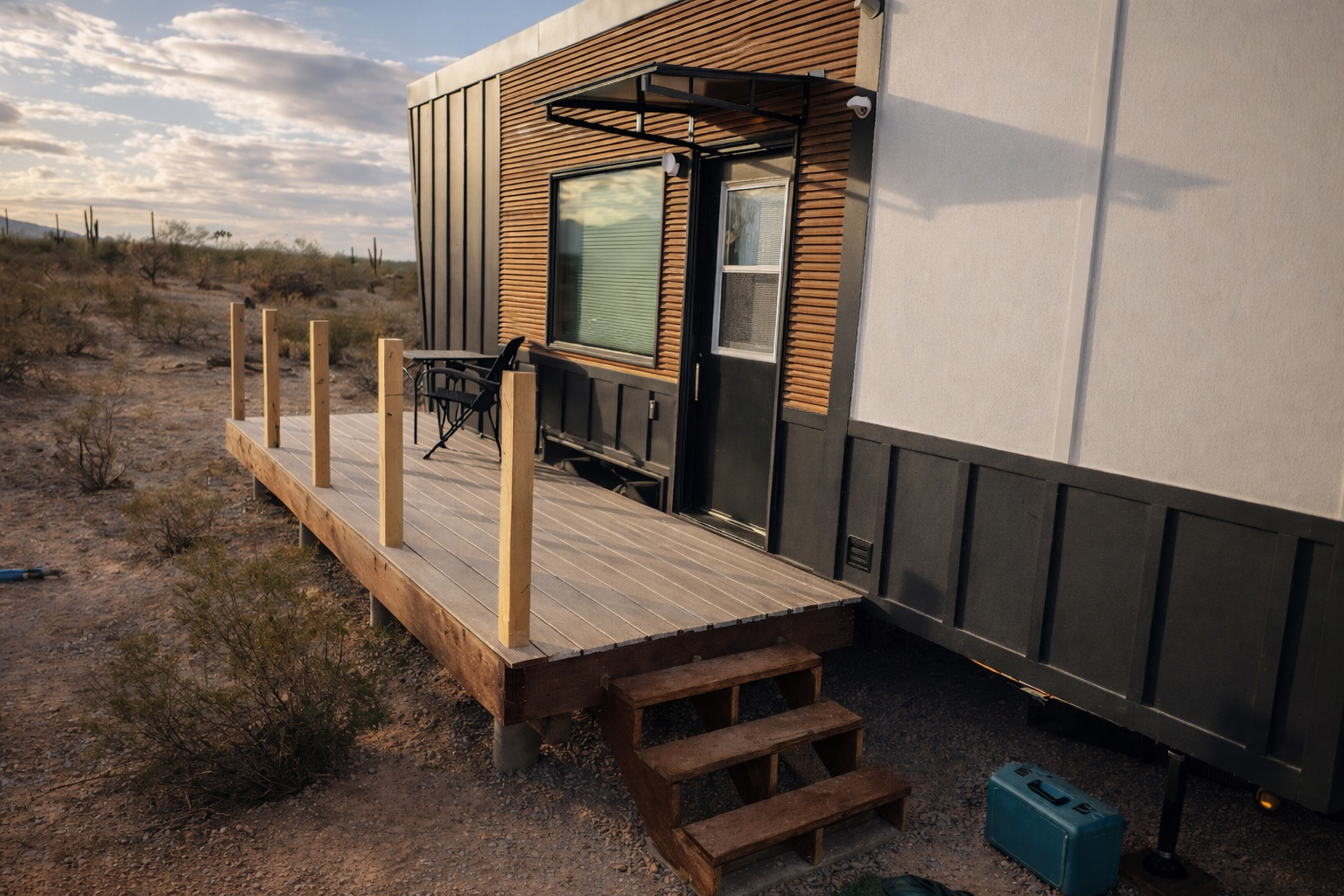 Desert tiny home with simple wood platform and clean lines.