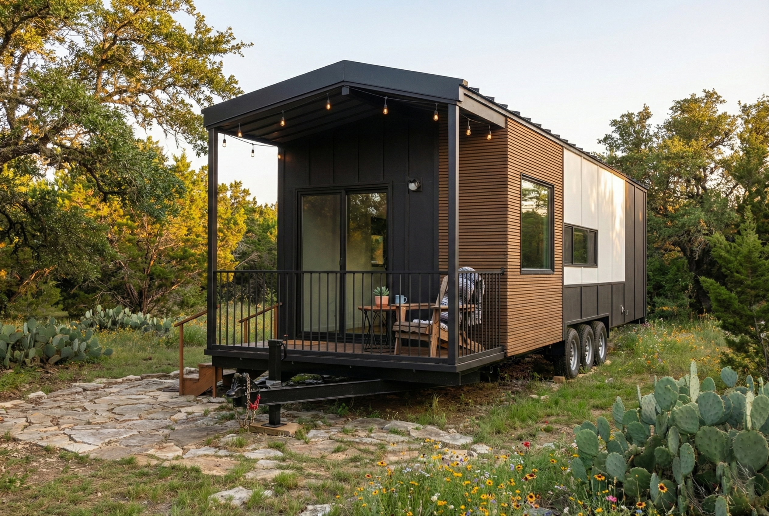 Photo: Clever 1 with integrated covered front porch, black railing, and string lights.