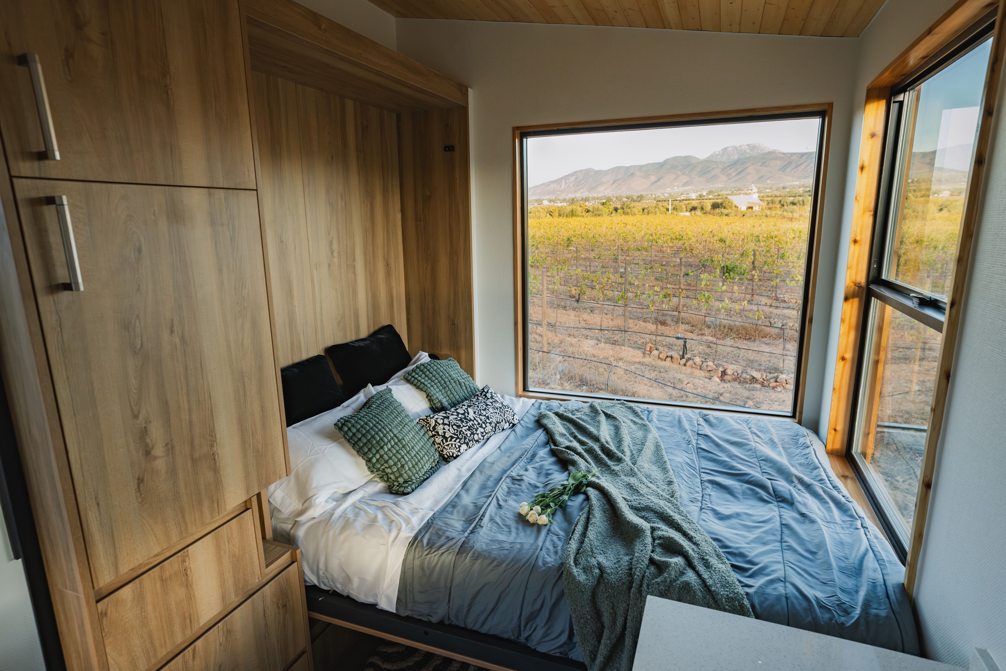 Murphy bed in a tiny home, next to scenic view through large windows, highlighting clever design.