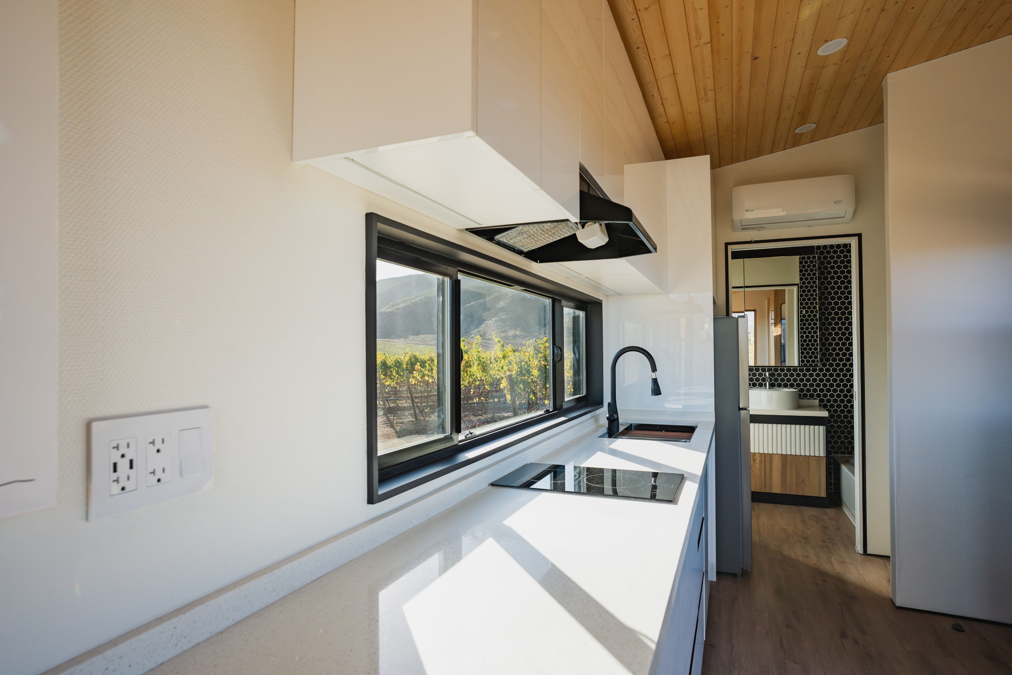 A modern tiny home kitchen equipped a double sink, stovetop,  Quartz countertop and soft-close cabinetry. 